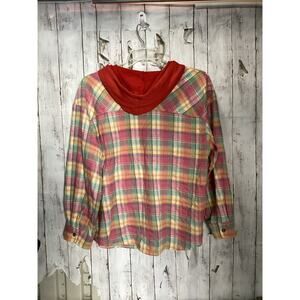 Blakeley Plaid Hoodie Multicolor Button Front Drawstring Hood Holiday Shacket